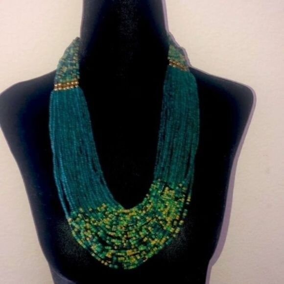 folk necklace Vintage multi strand layer handmade beaded green - Picture 1 of 4